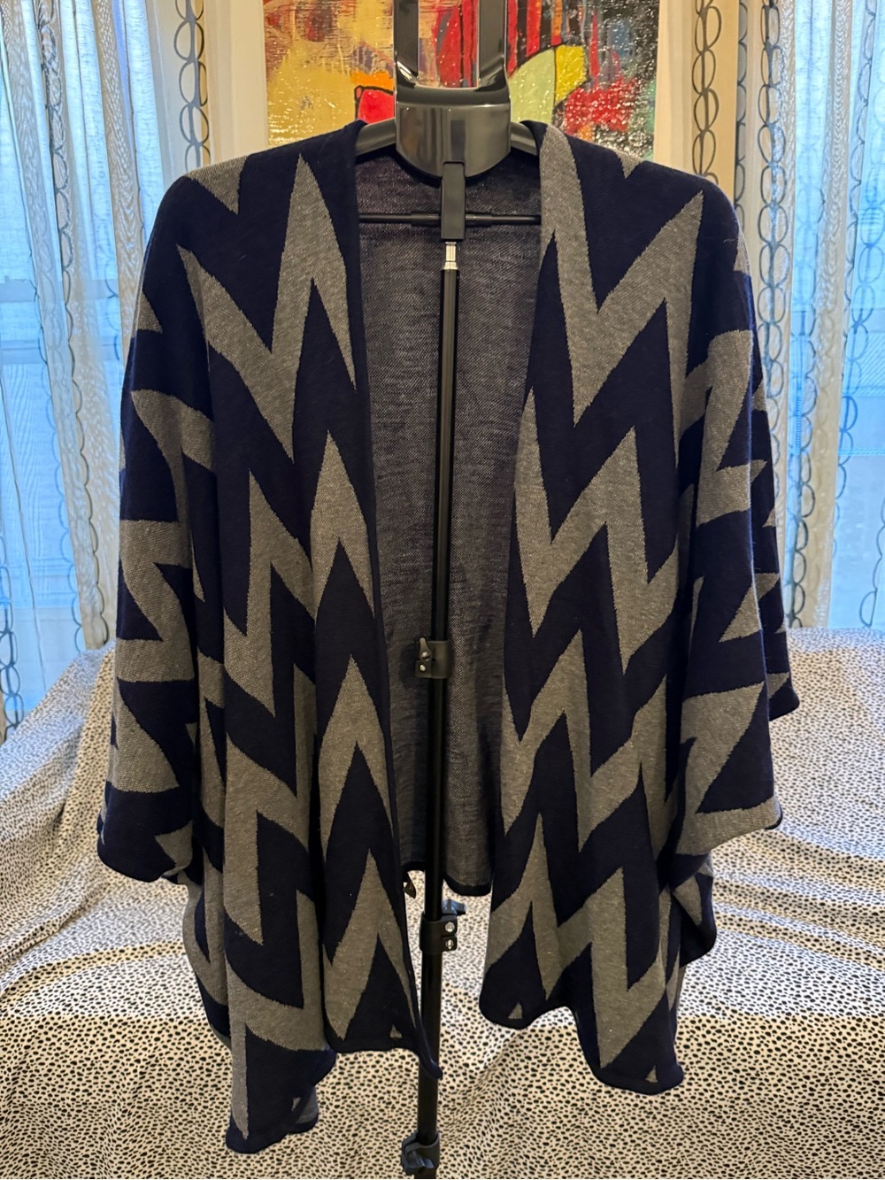 Women's Navy and Gray Zigzag Chevron Shall/Cardigan Sweater